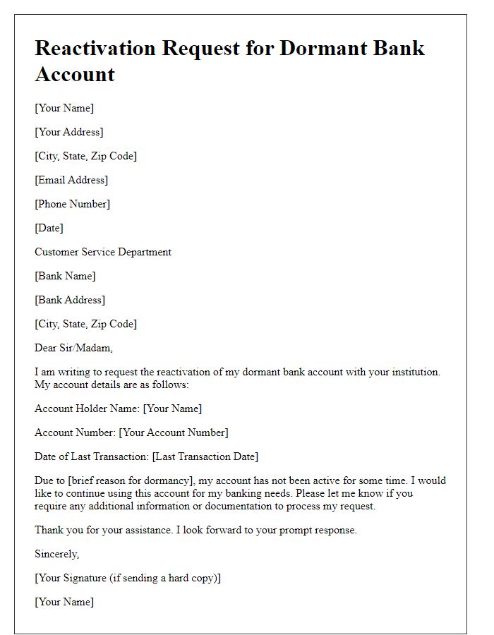 Letter template of reactivating a dormant bank account