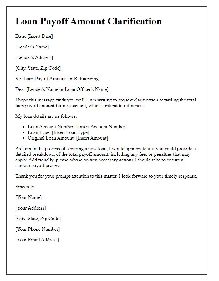 Letter template of loan payoff amount clarification for refinancing loan.