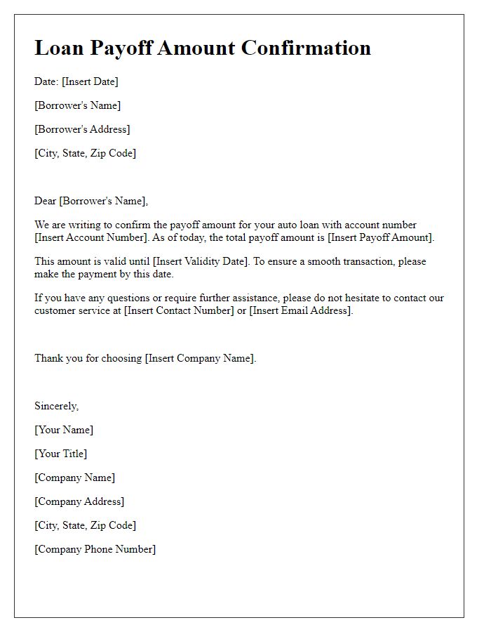 Letter template of loan payoff amount confirmation for auto loan.