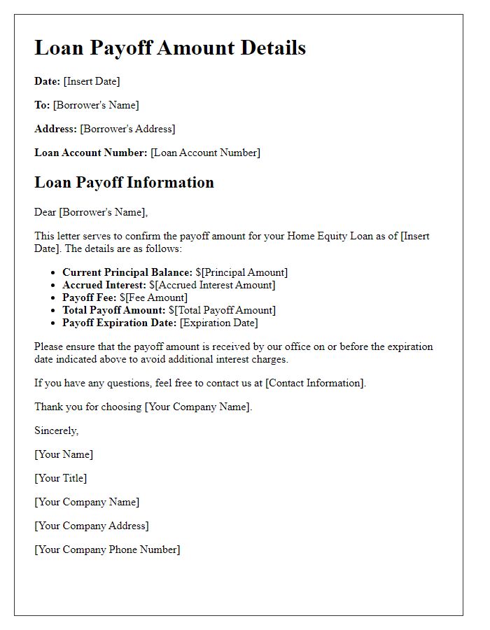 Letter template of loan payoff amount details for home equity loan.