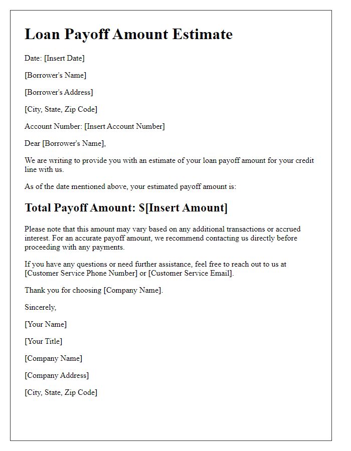 Letter template of loan payoff amount estimate for credit line.