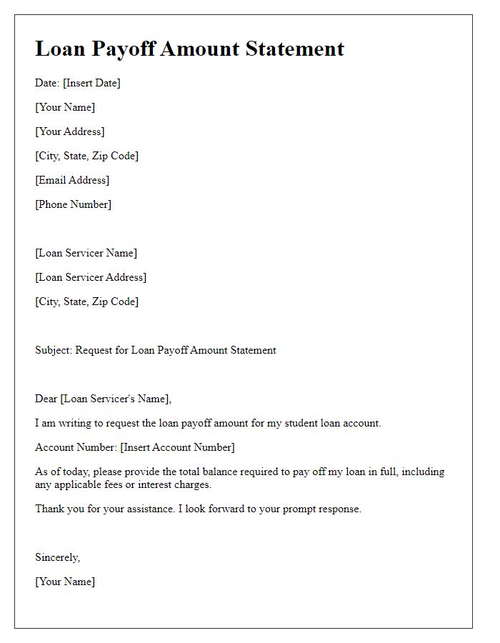 Letter template of loan payoff amount statement for student loan.