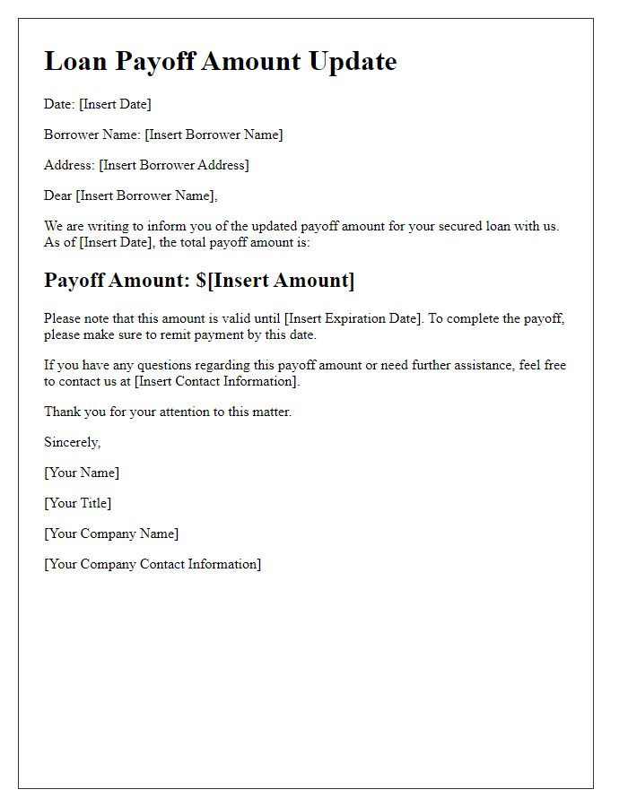 Letter template of loan payoff amount update for secured loan.