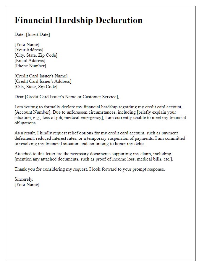 Letter template of financial hardship declaration for credit card relief