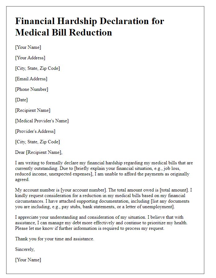 Letter template of financial hardship declaration for medical bill reduction