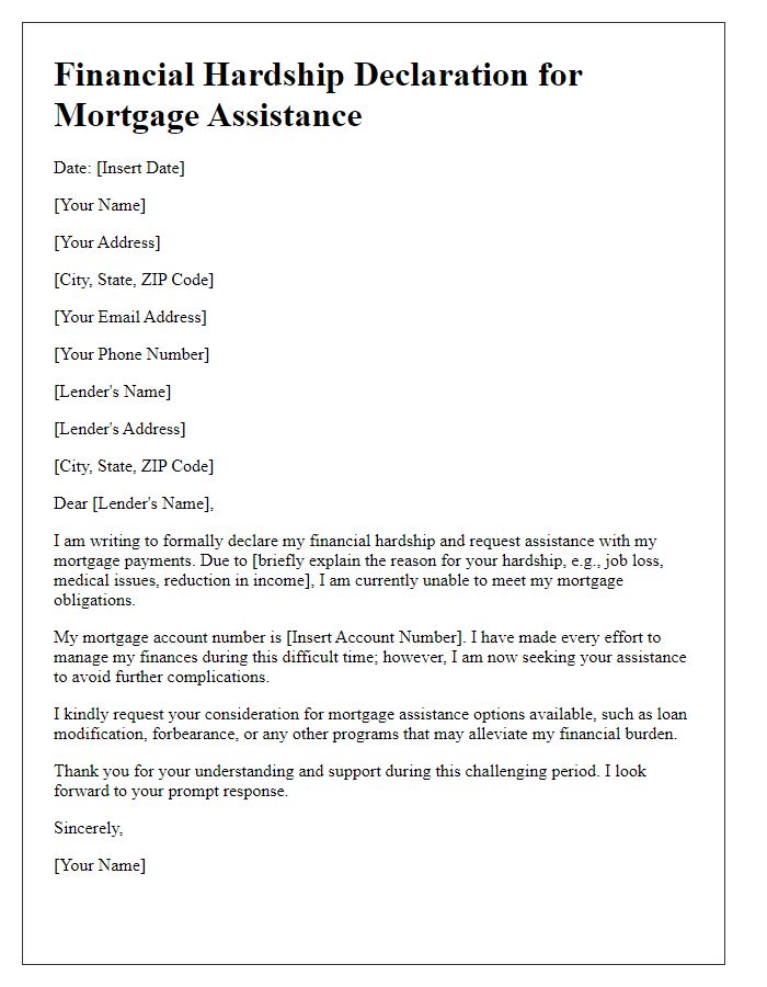 Letter template of financial hardship declaration for mortgage assistance