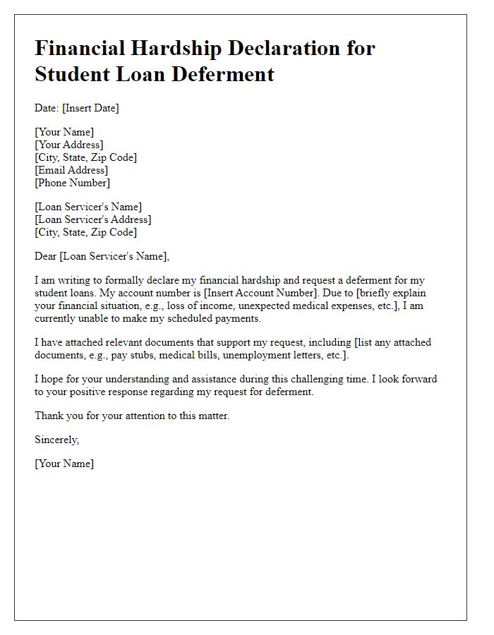 Letter template of financial hardship declaration for student loan deferment