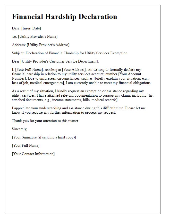 Letter template of financial hardship declaration for utility services exemption