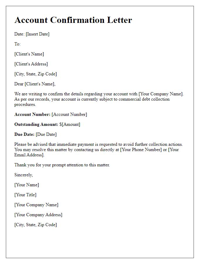 Letter template of account confirmation for commercial debt collection