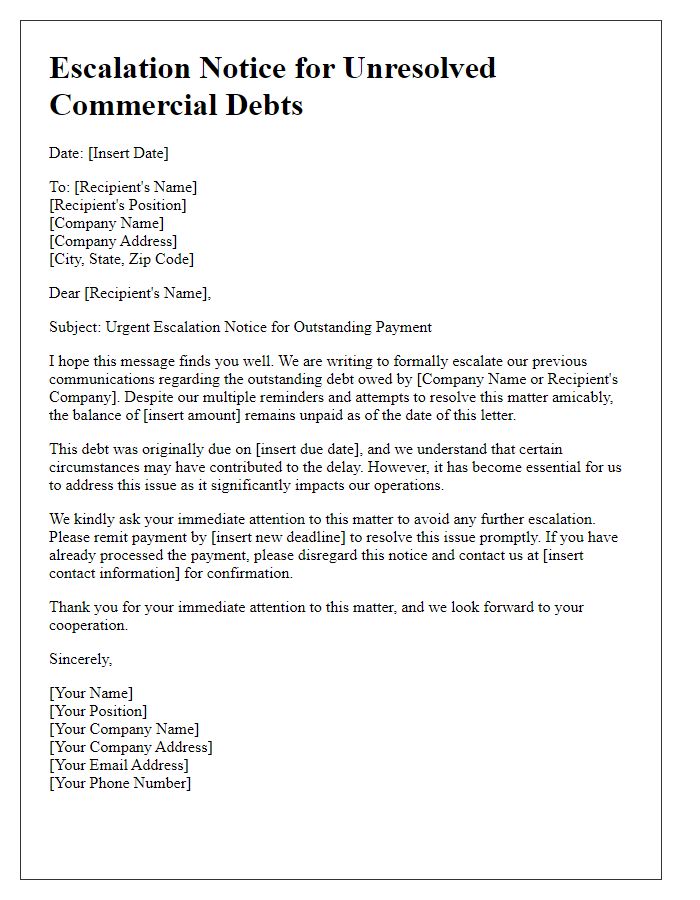 Letter template of escalation notice for unresolved commercial debts