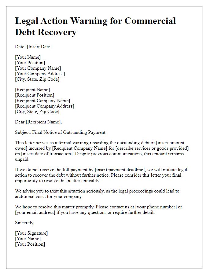 Letter template of legal action warning for commercial debt recovery