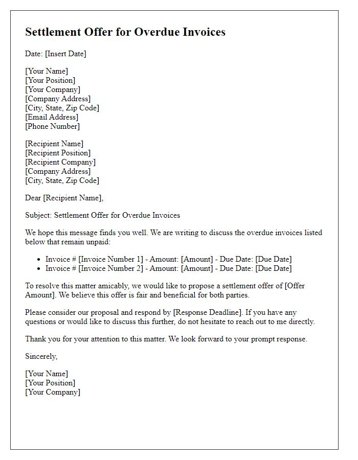 Letter template of settlement offer for overdue commercial invoices