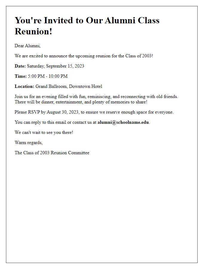 Letter template of an alumni class reunion invitation