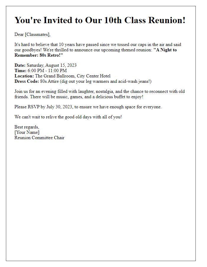 Letter template of a themed class reunion invitation