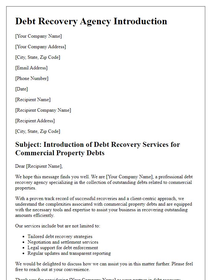 Letter template of debt recovery agency introduction for commercial property debts.