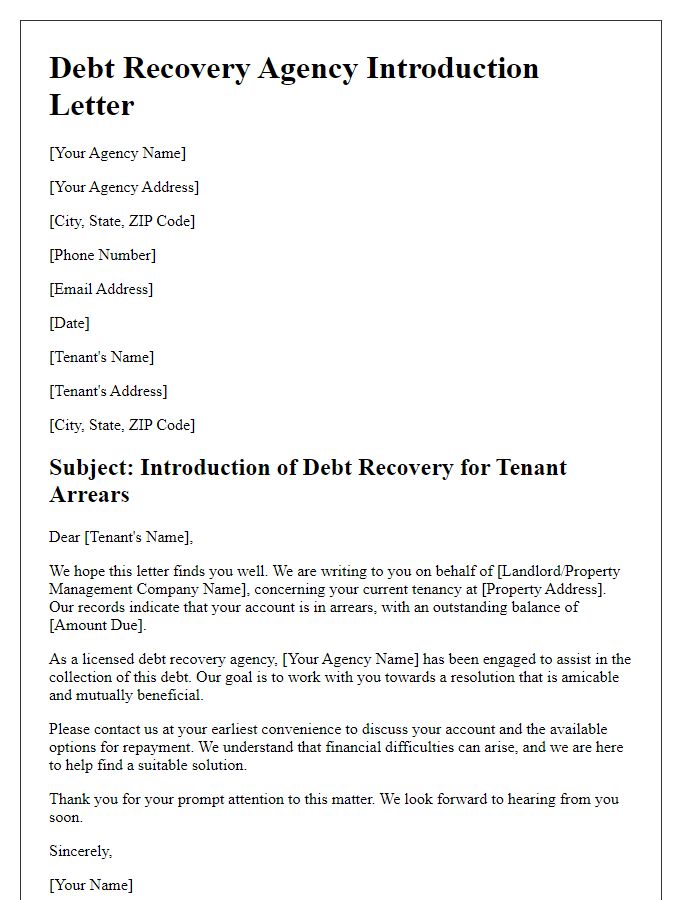 Letter template of debt recovery agency introduction for tenant arrears.