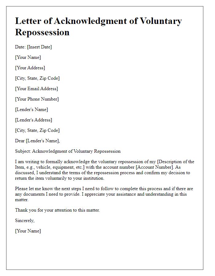 Letter template of acknowledgment of voluntary repossession.