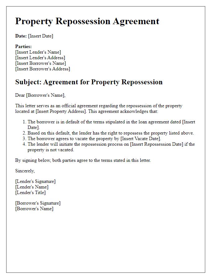 Letter template of agreement for property repossession.