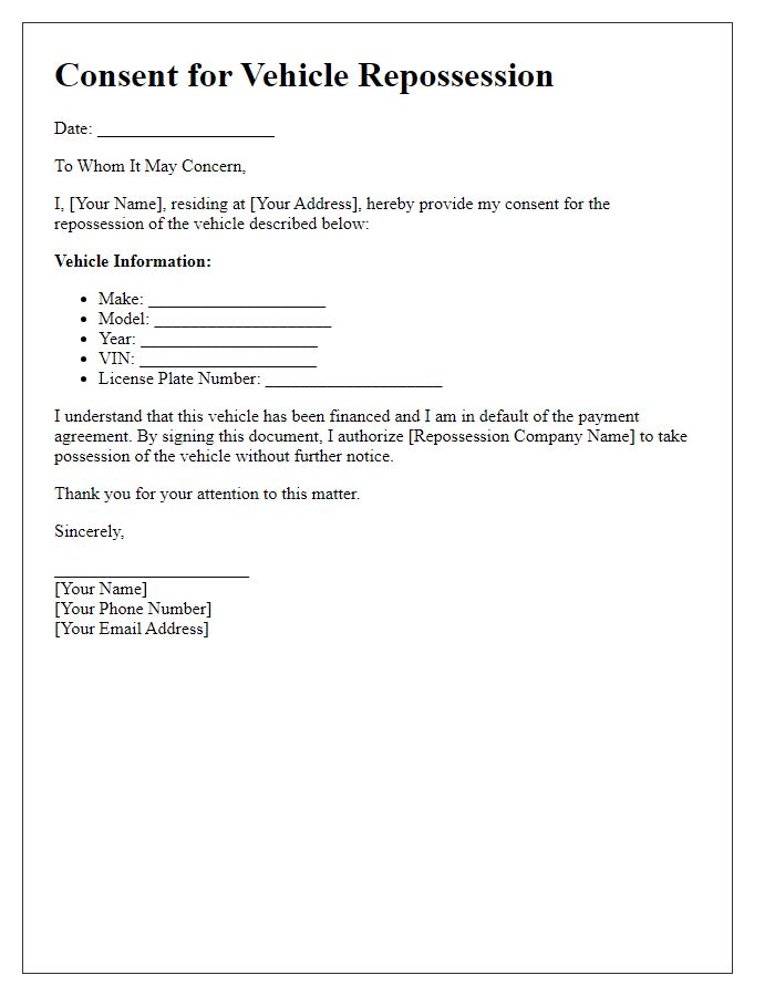 Letter template of consent for vehicle repossession.