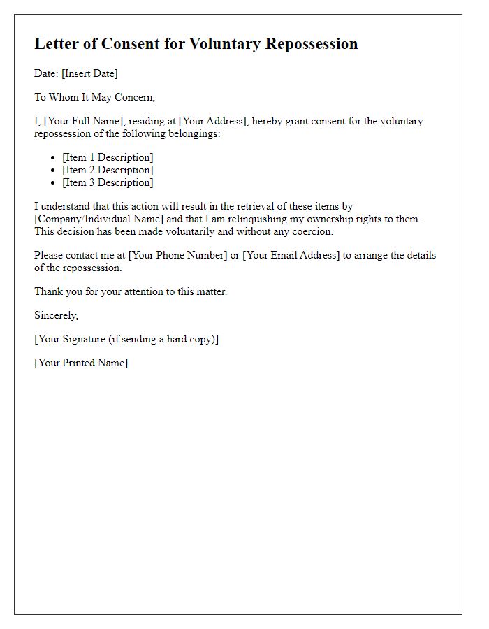 Letter template of consent for voluntary repossession of belongings.