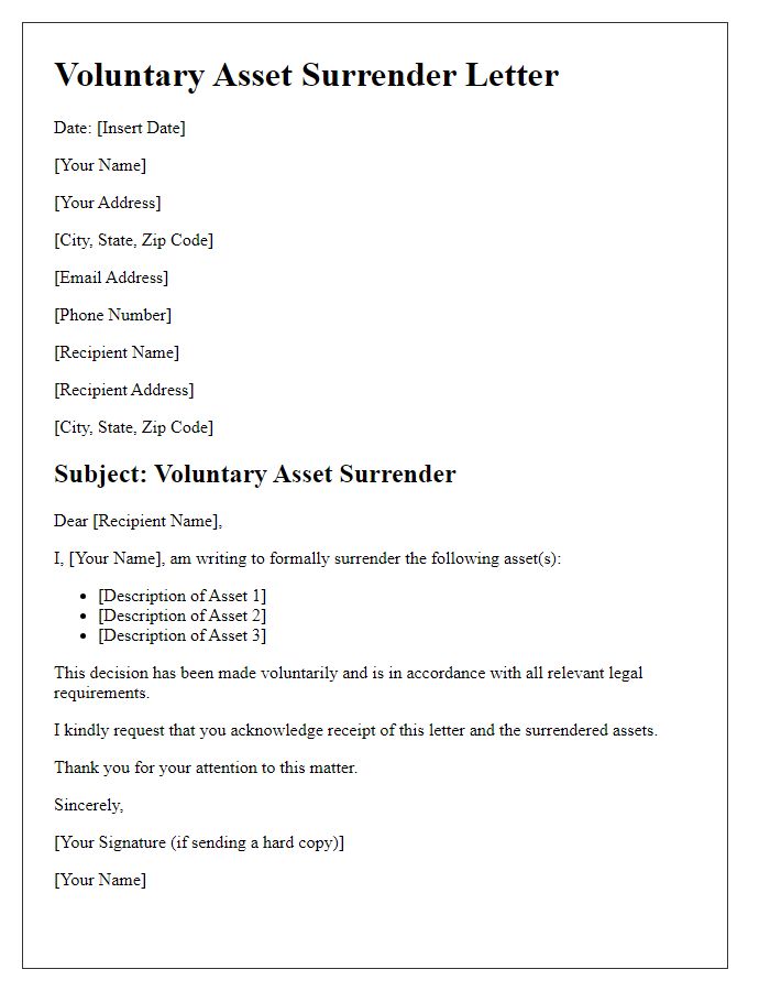 Letter template of voluntary asset surrender.