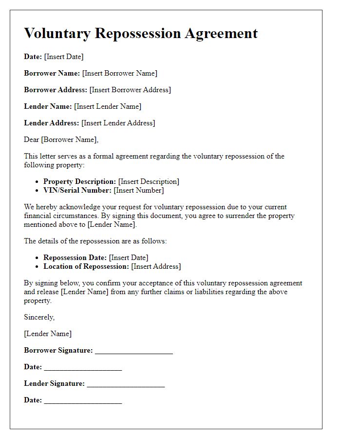 Letter template of voluntary repossession agreement.