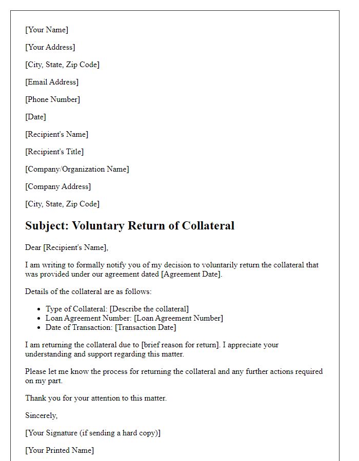 Letter template of voluntary return of collateral.