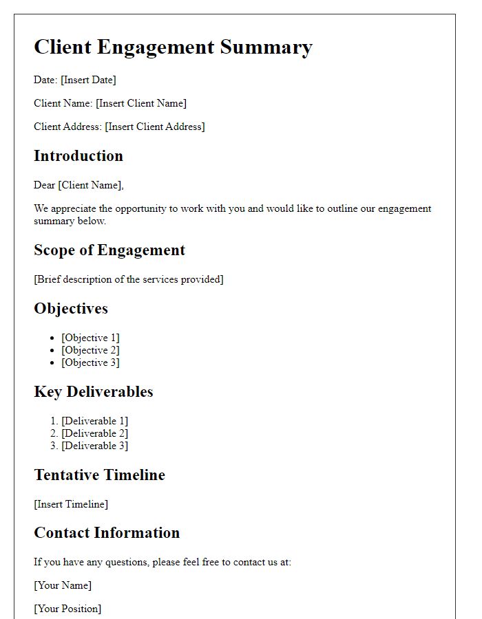 Letter template of client engagement summary