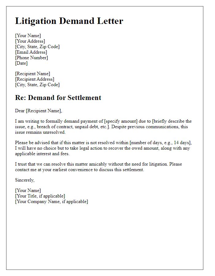 Letter template of concise litigation demand letter