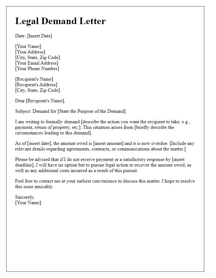 Letter template of legal demand letter for litigation purposes