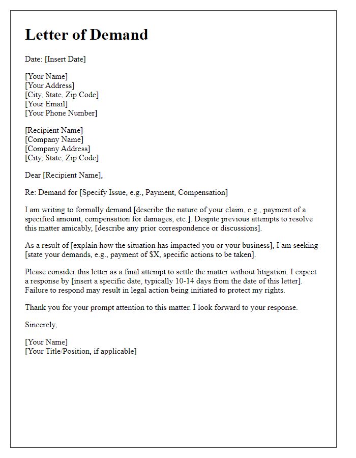 Letter template of professional litigation demand letter