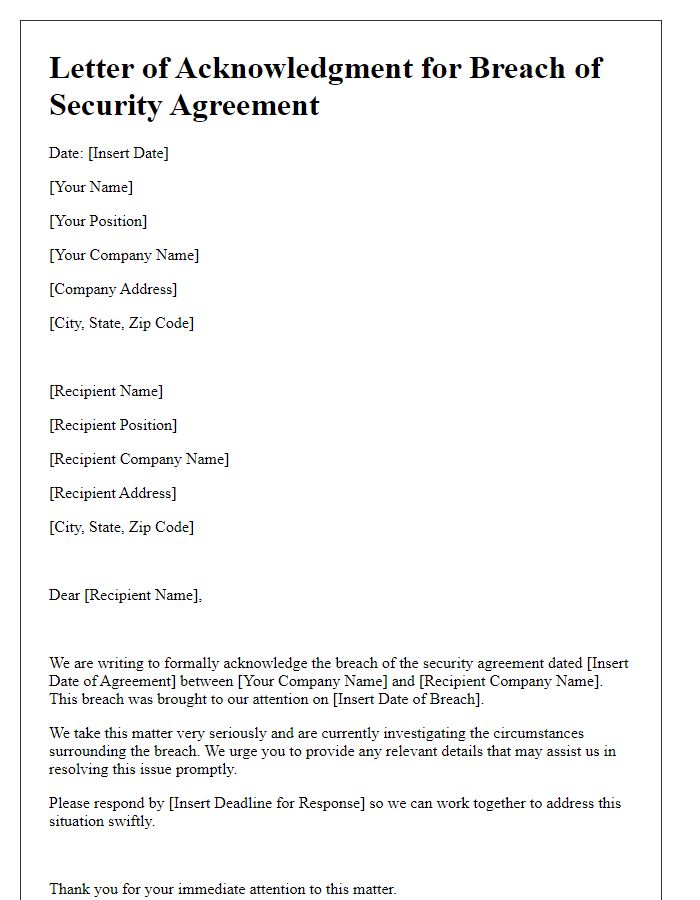 Letter template of acknowledgment for breach of security agreement