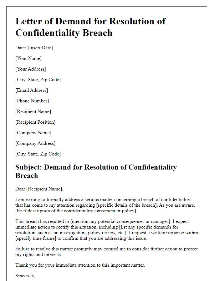 Letter template of demand for resolution of confidentiality breach