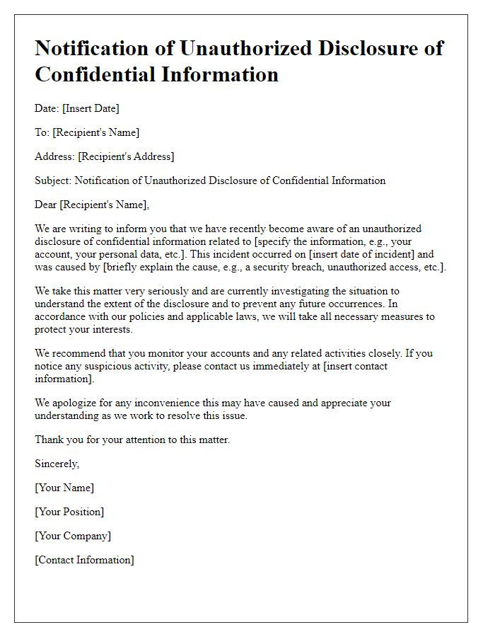 Letter template of notification for unauthorized disclosure of confidential information