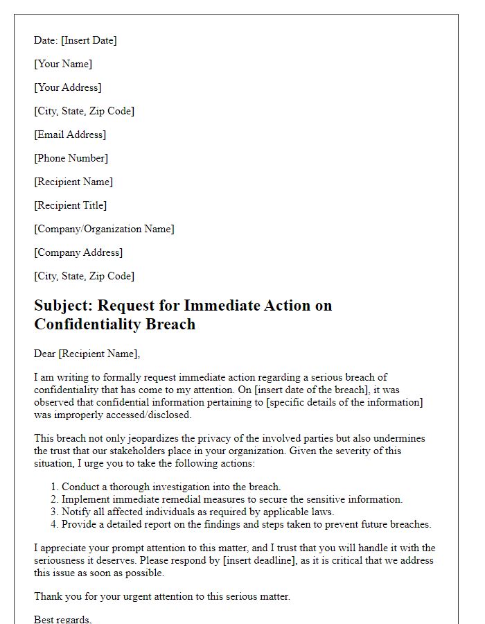 Letter template of request for immediate action on confidentiality breach