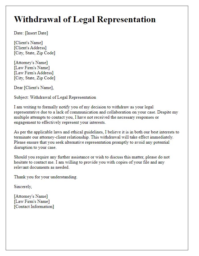 Letter template of legal representation withdrawal for lack of communication