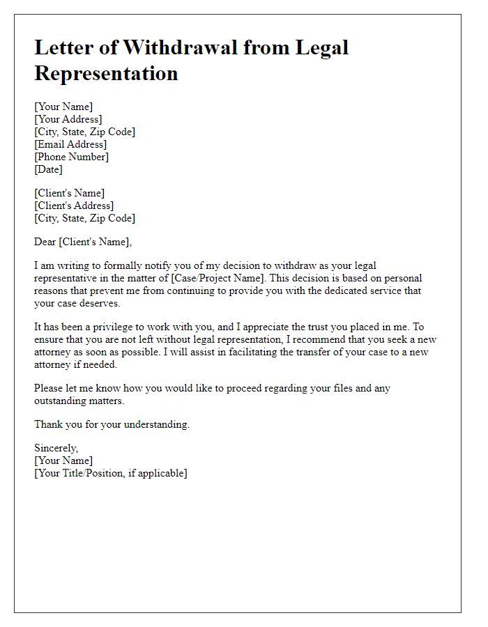 Letter template of legal representation withdrawal for personal reasons