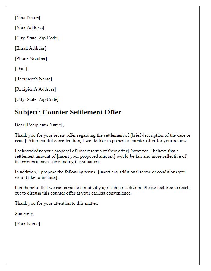 Letter template of counter settlement negotiation offer