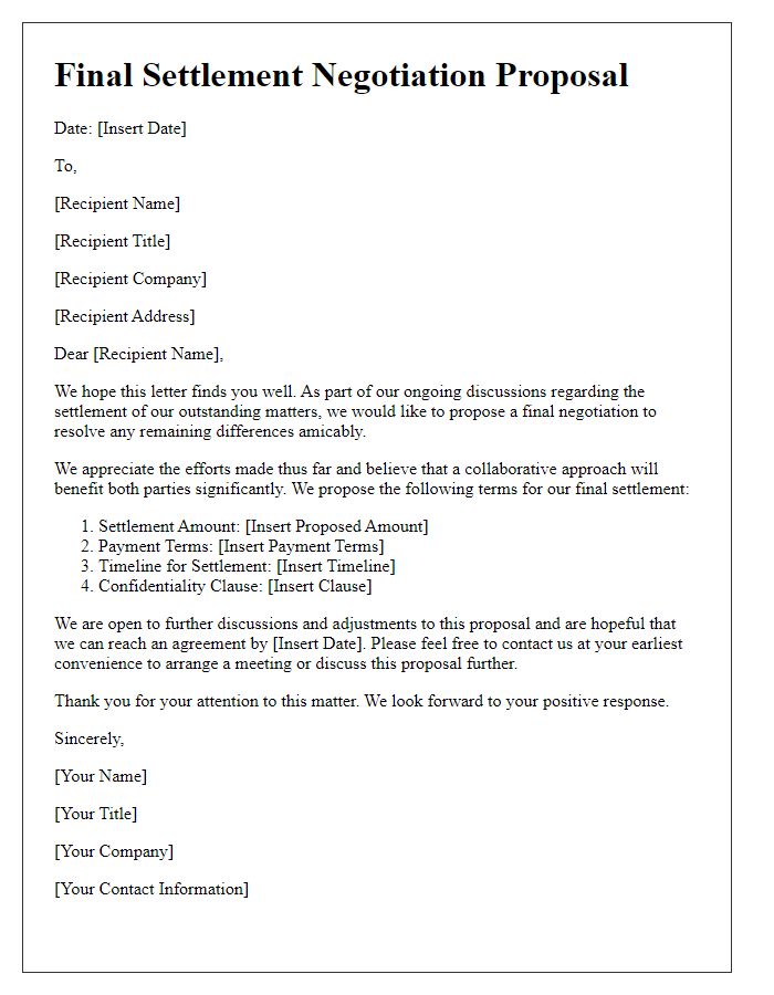 Letter template of final settlement negotiation proposal