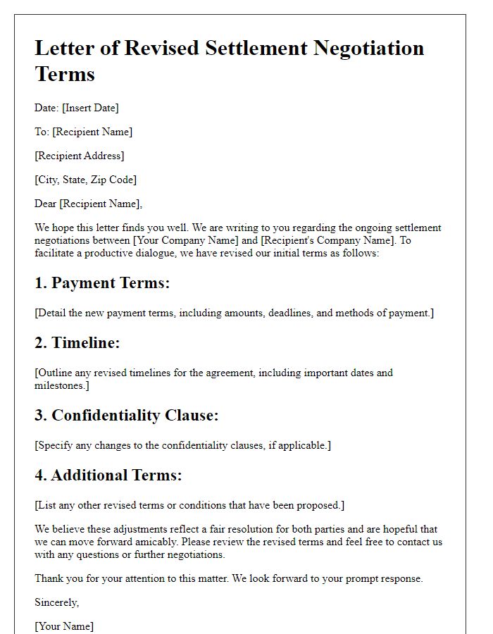 Letter template of revised settlement negotiation terms