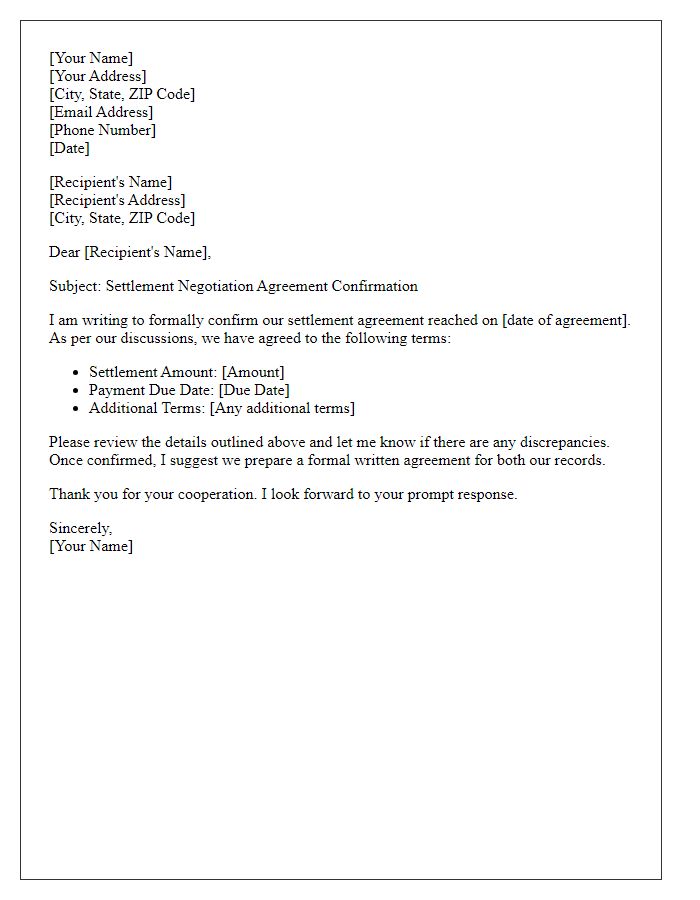 Letter template of settlement negotiation agreement confirmation