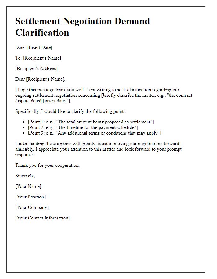 Letter template of settlement negotiation demand clarification