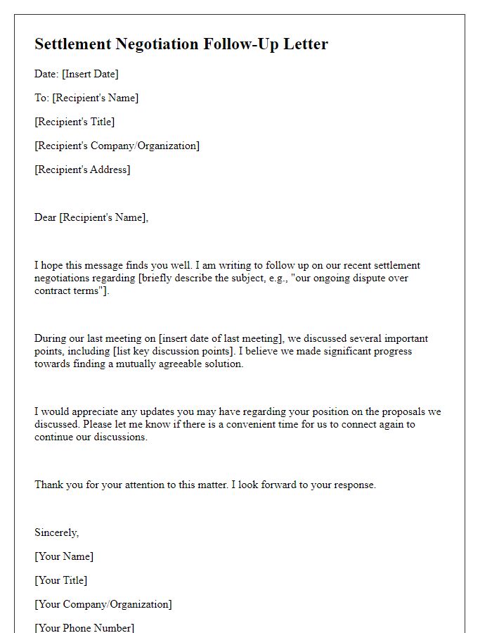 Letter template of settlement negotiation follow-up