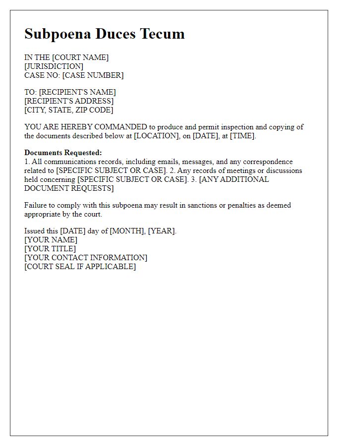 Letter template of subpoena duces tecum for communications records