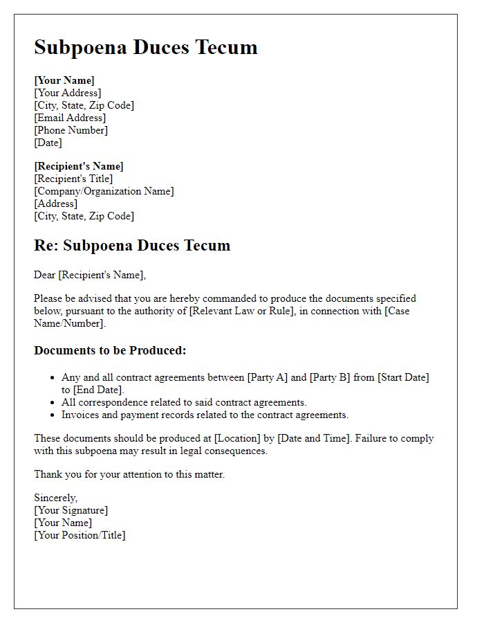 Letter template of subpoena duces tecum for contract agreements