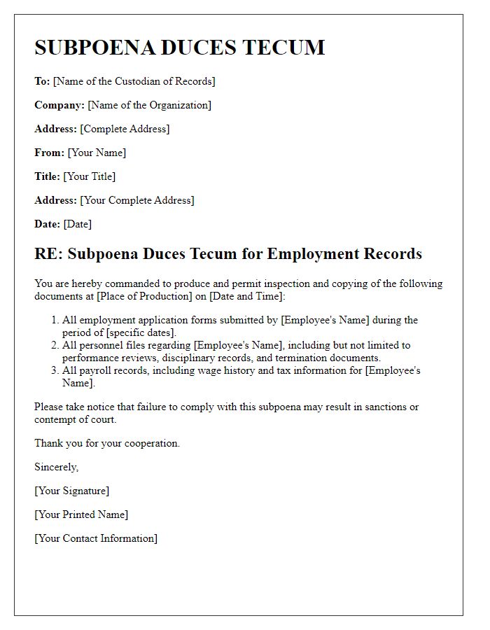 Letter template of subpoena duces tecum for employment records