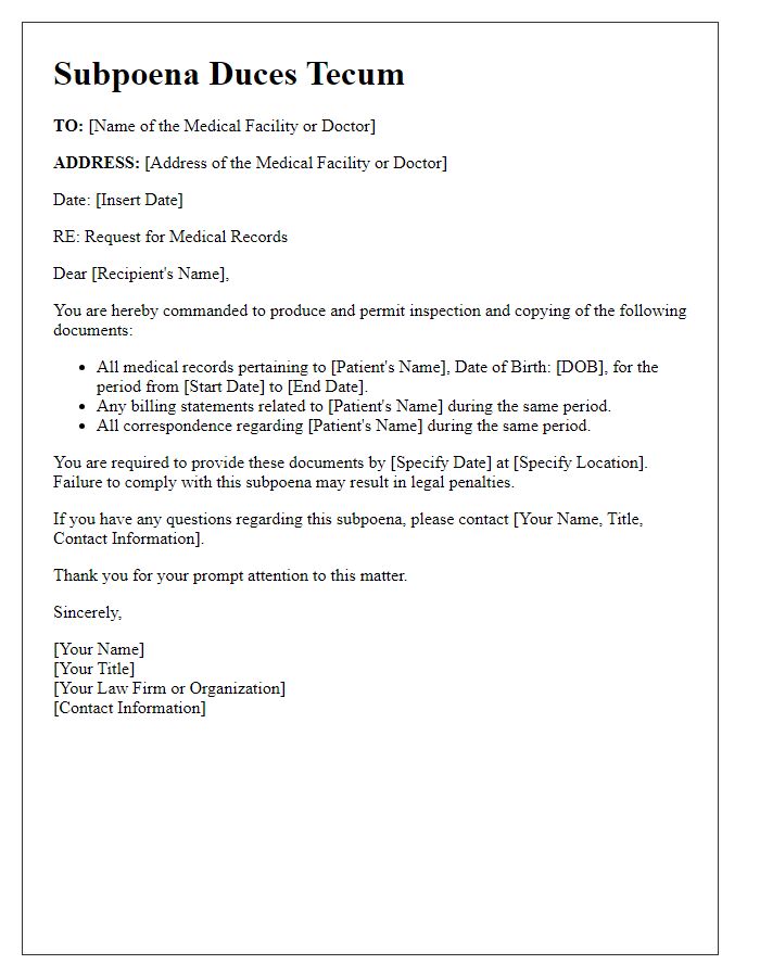 Letter template of subpoena duces tecum for medical documents