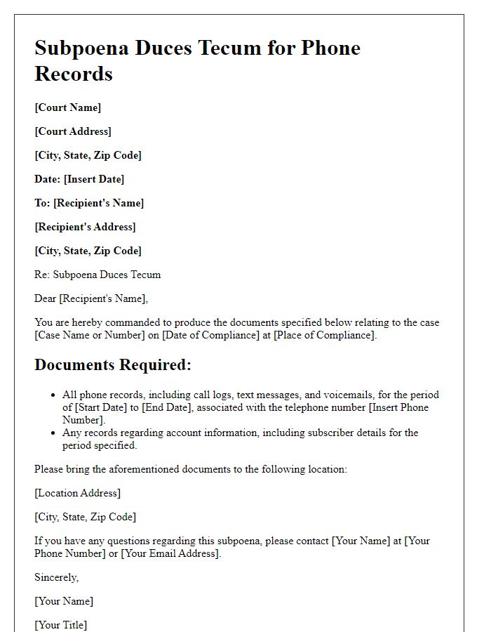 Letter template of subpoena duces tecum for phone records