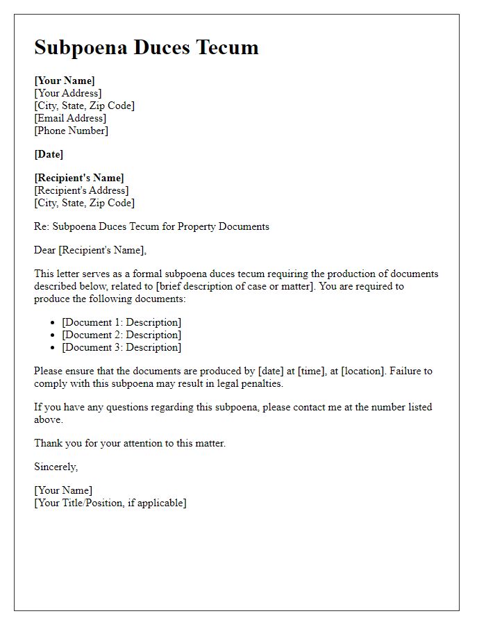 Letter template of subpoena duces tecum for property documents