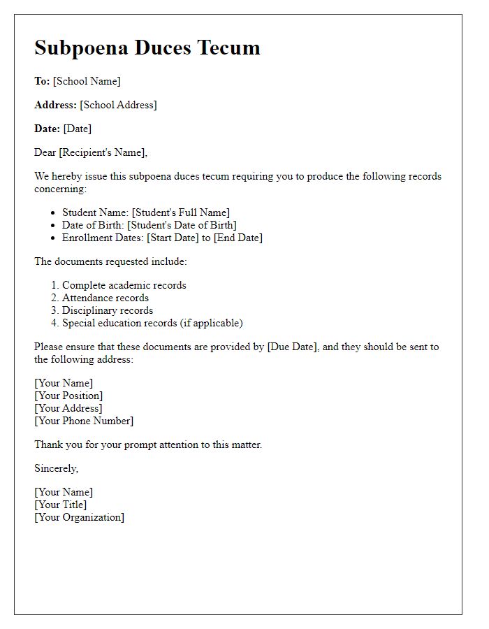 Letter template of subpoena duces tecum for school records